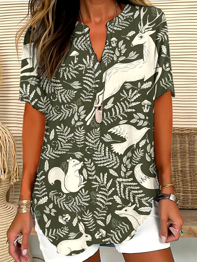 🌳Buy 3 get 12% off丨Women's Forest Floral Animal Print V-Neck Casual Short Sleeve Shirt丨🌿100% natural cotton