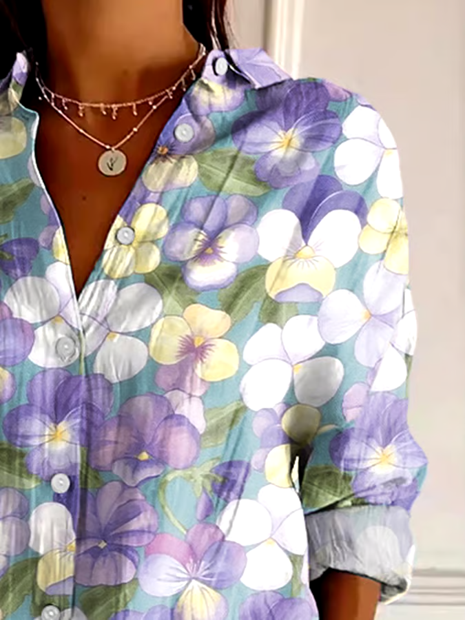 💜Buy 3 get 12% off丨Women's Art Purple Pansy Floral Print Shirt 💜Buy 3 get 12% off丨Women's Art Purple Pansy Floral Print Shirt