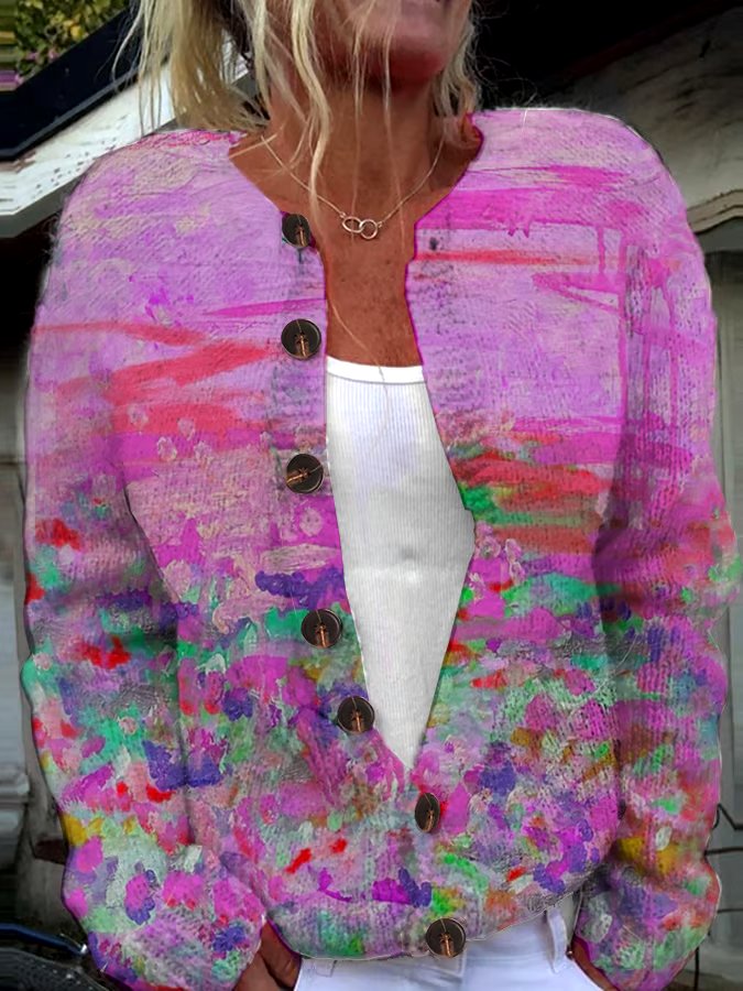 🎀Buy 3 get 12% off丨Women's Pink Art Oil Painting Breast Cancer Sweater Knit Cardigan 🎀Buy 3 get 12% off丨Women's Pink Art Oil Painting Breast Cancer Sweater Knit Cardigan
