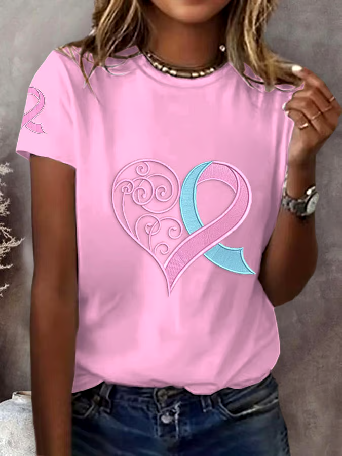 🎀Buy 3 get 12% off丨Women's Breast Cancer Awareness Love Pink Ribbon Print Casual T-Shirt