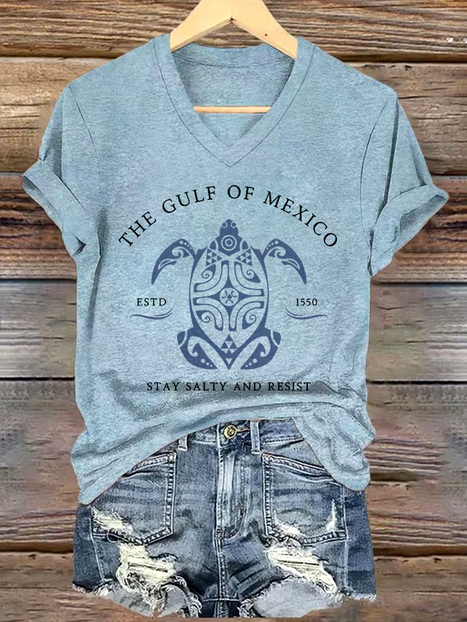🌊Buy 3 get 12% off丨Women's Gulf Of Mexico Printed V Neck T-Shirt