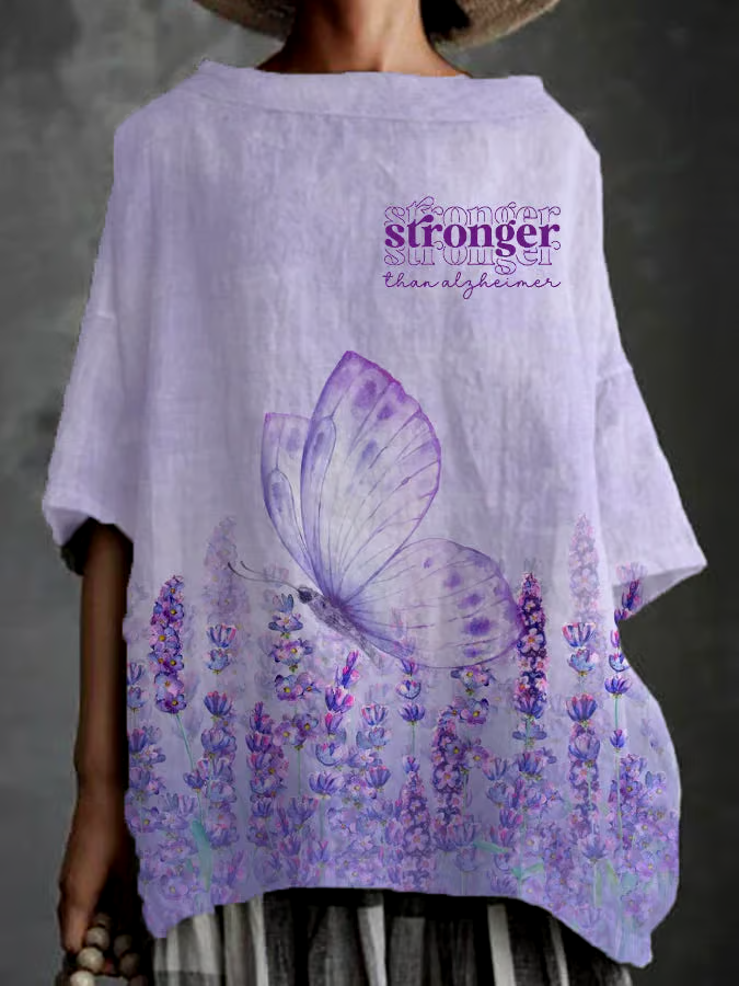 💜Buy 3 get 12% off丨Women's Alzheimer's Awareness Stronger Than Alzheimer Purple Floral Butterfly Printed Elegant Shirt