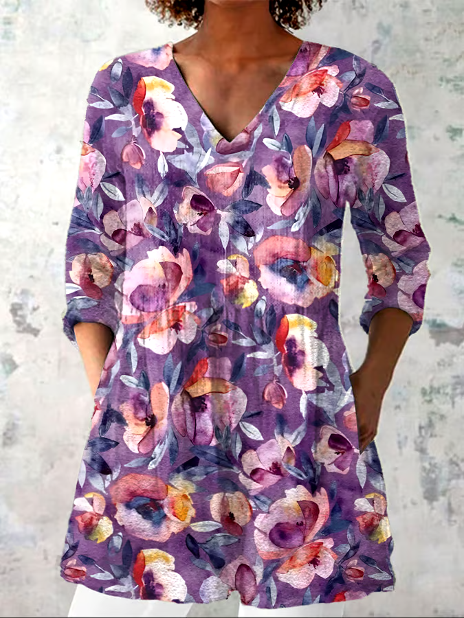 💜Buy 3 get 12% off丨Women's Cotton and Linen Purple Floral Print Shirt Top