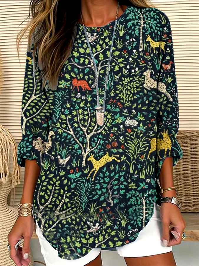 🌳Buy 3 get 12% off丨Women's Retro Forest-Style Design Loose Long-Sleeved Crew Neck Top丨🌿100% natural cotton