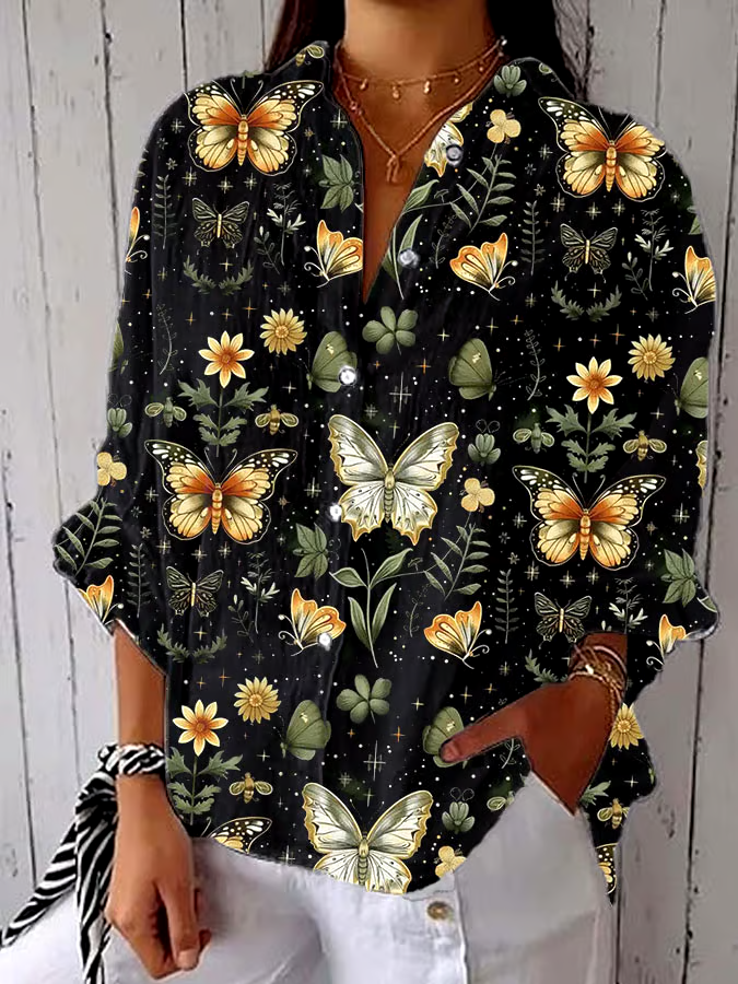 🌳Buy 3 get 12% off丨Women's Spring and Summer Floral Butterfly Print Lapel Shirt丨🌿100% natural cotton