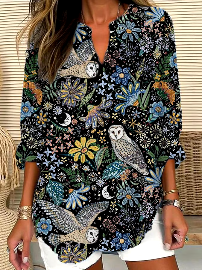 🌳Buy 3 get 12% off丨Women's Vintage Floral Owl Print Casual Long Sleeve V Neck Shirt丨🌿100% natural cotton
