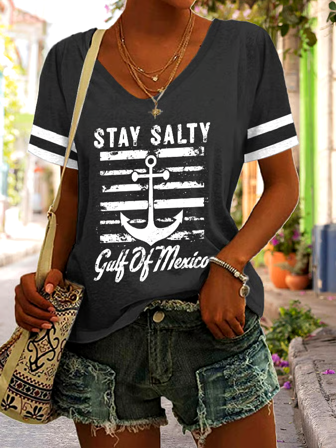 🌊Buy 3 get 12% off丨Women's Stay Salty Gulf Of Mexico Print V Neck T-Shirt 🌊Buy 3 get 12% off丨Women's Stay Salty Gulf Of Mexico Print V Neck T-Shirt
