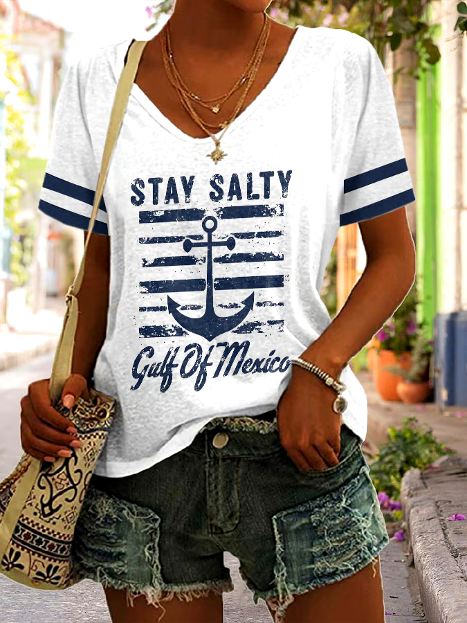 🌊Buy 3 get 12% off丨Women's Stay Salty Gulf Of Mexico Print V Neck T-Shirt 🌊Buy 3 get 12% off丨Women's Stay Salty Gulf Of Mexico Print V Neck T-Shirt