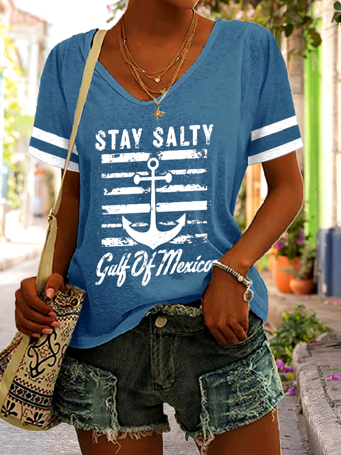 🌊Buy 3 get 12% off丨Women's Stay Salty Gulf Of Mexico Print V Neck T-Shirt