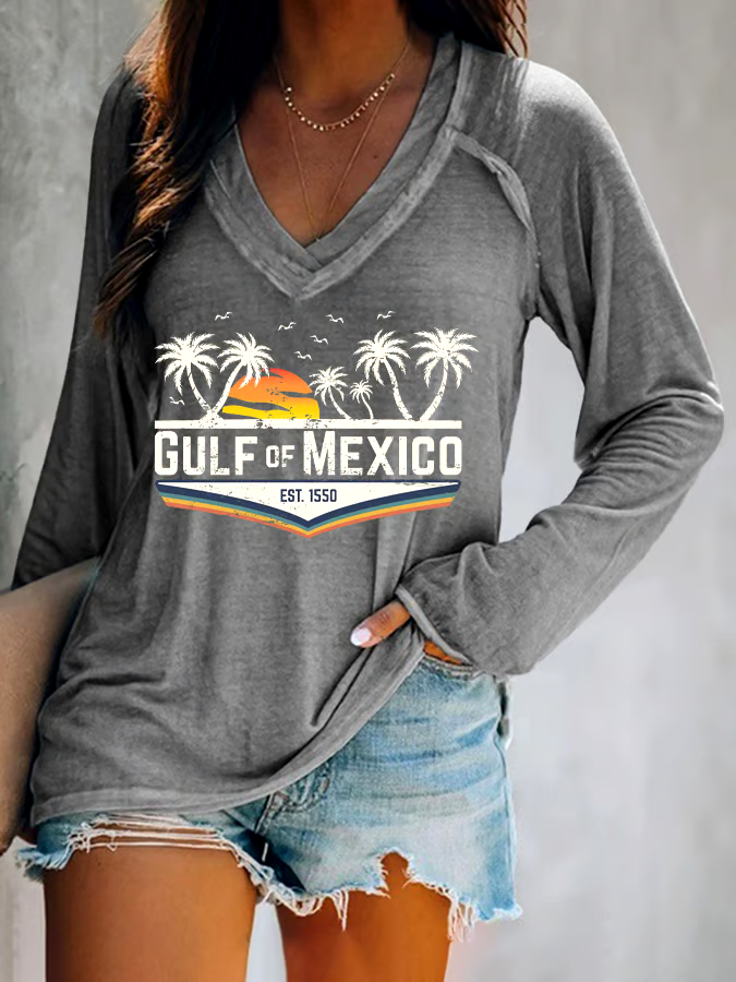 🌊Buy 3 get 12% off丨Women's Gulf Of Mexico Print V Neck T-Shirt 🌊Buy 3 get 12% off丨Women's Gulf Of Mexico Print V Neck T-Shirt