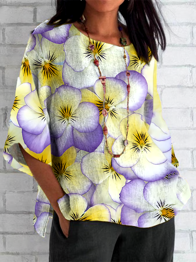 💜Buy 3 get 12% off丨Women's Cotton and Linen Alzheimer's Yellow and Purple Floral Print Shirt Top