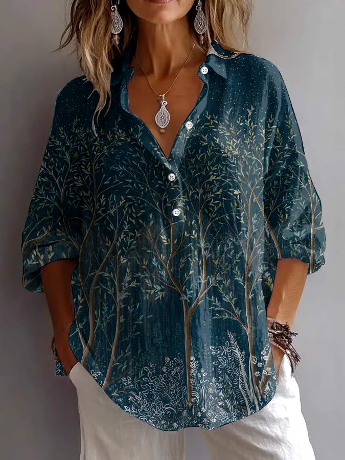 🌳Buy 3 get 12% off丨Women's Forest Floral Print Lapel Button-Down Shirt丨🌿100% natural cotton