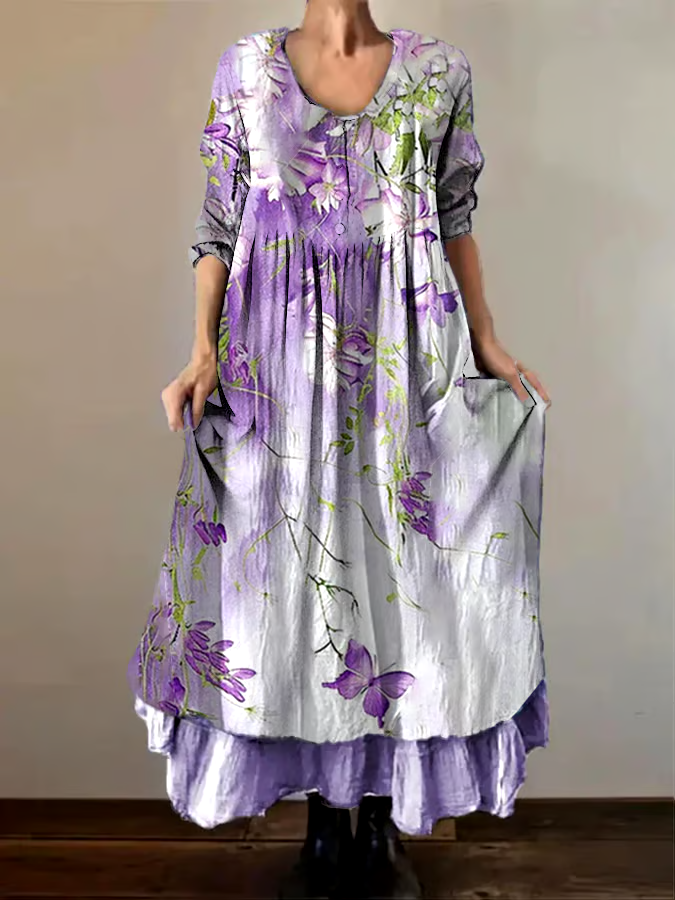 💜Buy 3 get 12% off丨Womens Alzheimer's Awareness Purple Floral Crew Neck Long Sleeve Dress