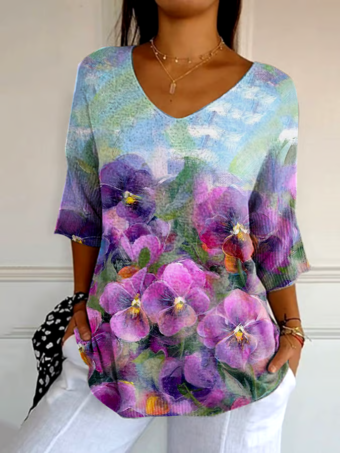 💜Buy 3 get 12% off丨Women's Loose Casual Pansy Floral Knitted Jacquard Top