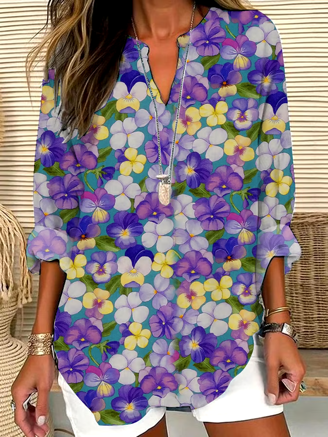 💜Buy 3 get 12% off丨Women's Casual Purple Art Pansy Cotton and Linen Shirt 💜Buy 3 get 12% off丨Women's Casual Purple Art Pansy Cotton and Linen Shirt