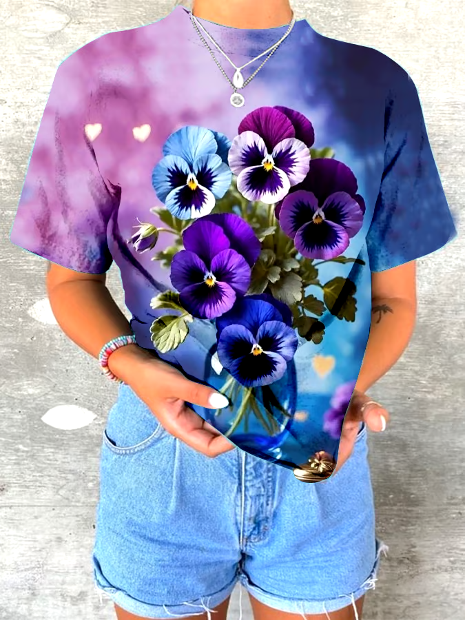 💜Buy 3 get 12% off丨Women's Purple Pansy Alzheimer's Awareness Floral Print T-Shirt