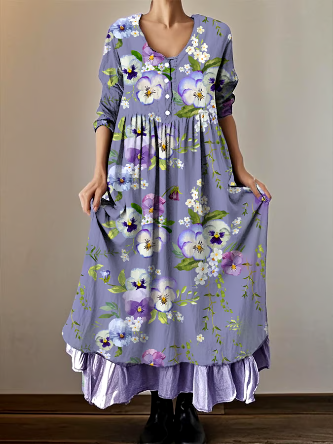 💜Buy 3 get 12% off丨Womens Alzheimer's Awareness Purple Floral Crew Neck Long Sleeve Dress