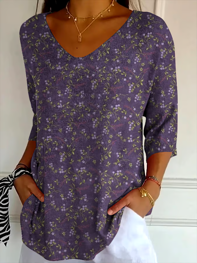 🌸Buy 3 get 12% off丨Women's Alzheimer's Disease Awareness Floral Printed Pit Fabric Casual V-Neck Mid-Sleeve T-Shirt
