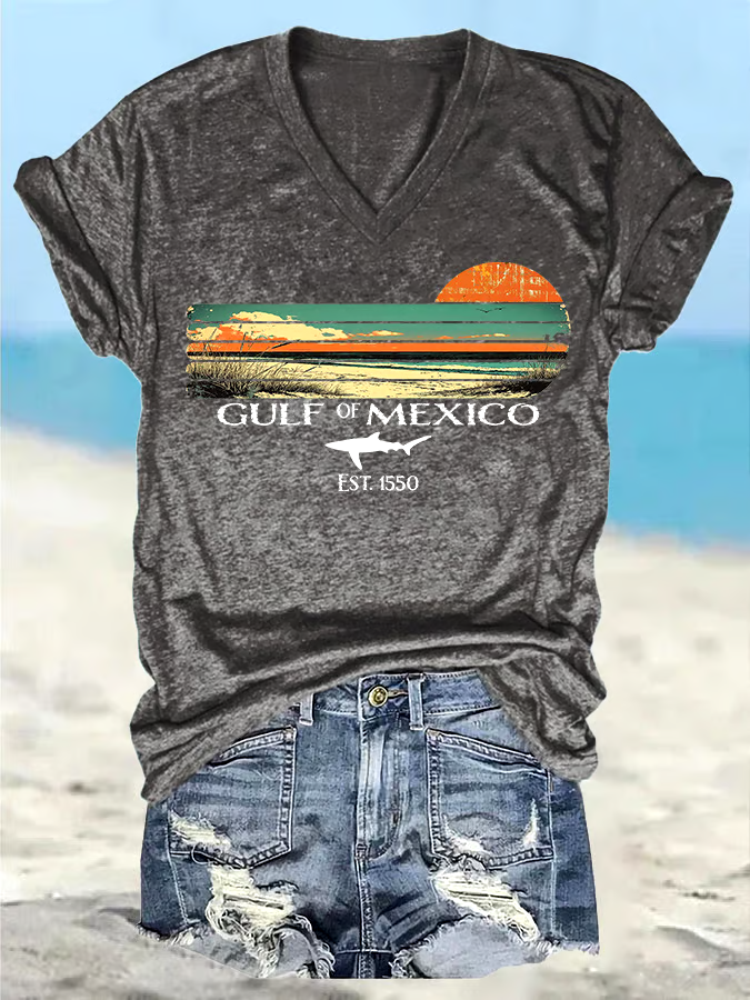 🌊Buy 3 get 12% off丨Women's Retro Gulf Of Mexico Print T-Shirt 🌊Buy 3 get 12% off丨Women's Retro Gulf Of Mexico Print T-Shirt