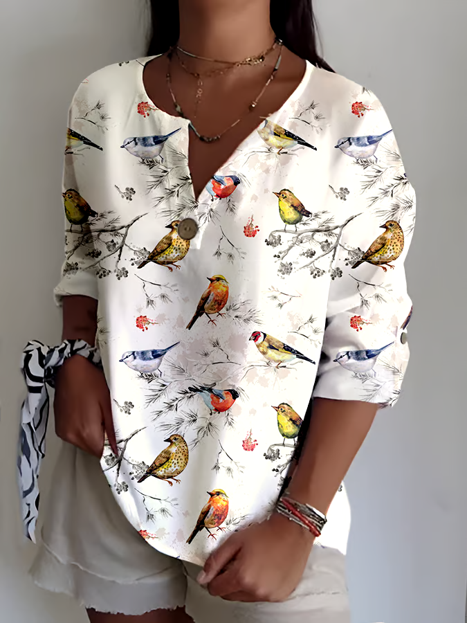 🌳Buy 3 get 12% off丨Women's Casual Forest Bird Print Shirt丨🌿100% natural cotton