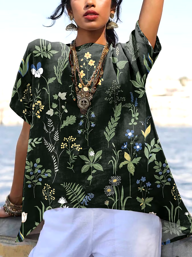 🌳Buy 3 get 12% off丨Women's Forest Floral Print Casual Round Neck Cotton and Linen Top丨🌿100% natural cotton
