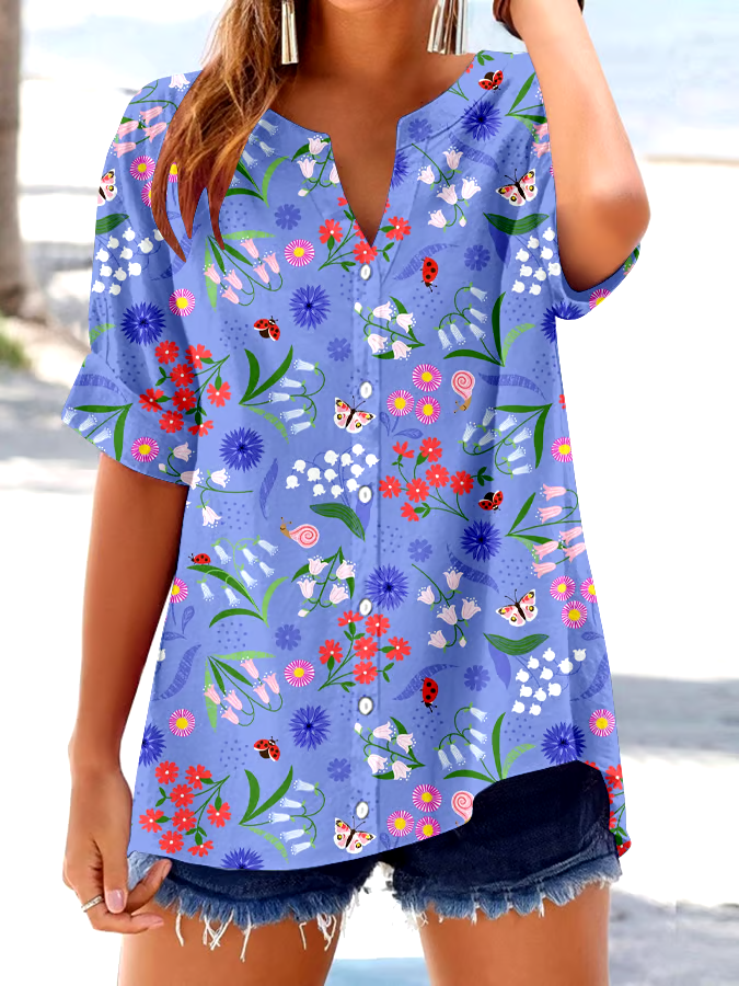 🌸Buy 3 get 12% off丨Women's Retro Botanical Floral Button Design V-Neck Three-Quarter Sleeve Shirt