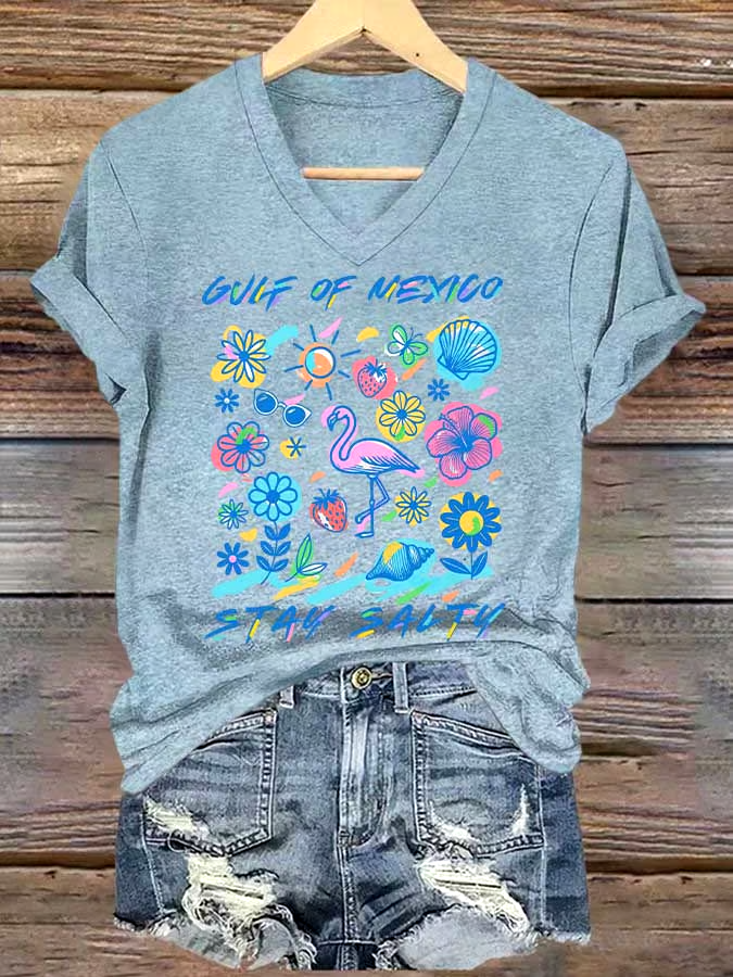 🌊Buy 3 get 12% off丨Women's Gulf Of Mexico Printed V Neck T-shirt