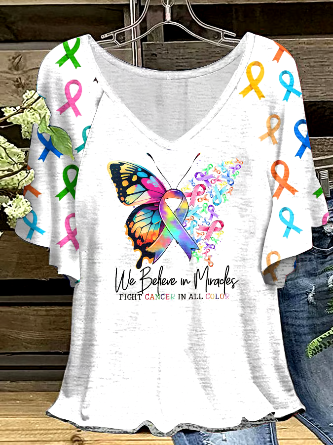 🎀Buy 3 get 12% off丨Women's Fight Cancer In All Colors Ruffle Sleeve T-Shirt