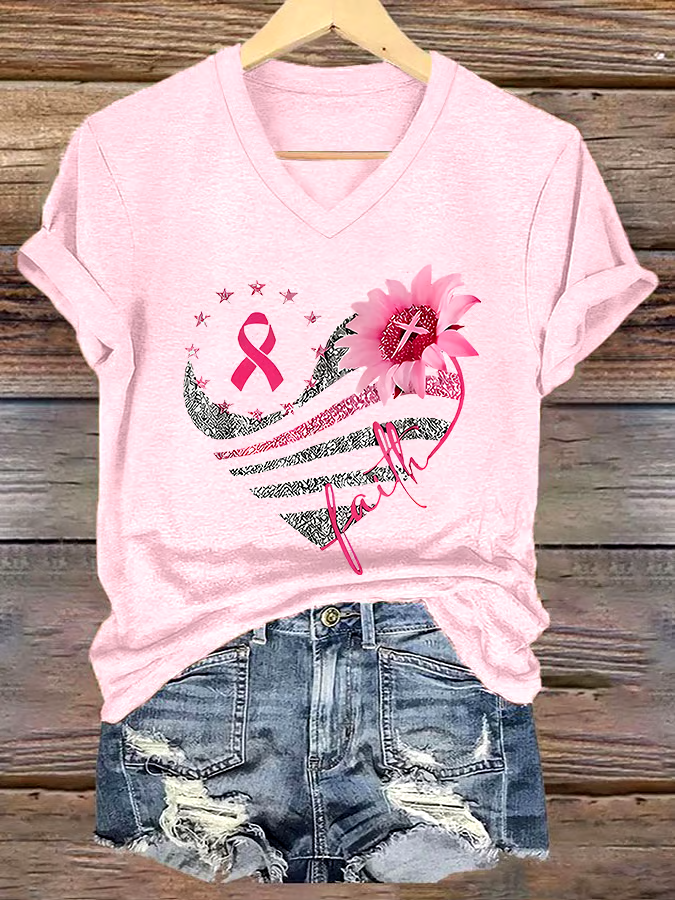 🎀Buy 3 get 12% off丨Women's Casual Breast Cancer Cure Graphic Print V-Neck Short Sleeve T-Shirt