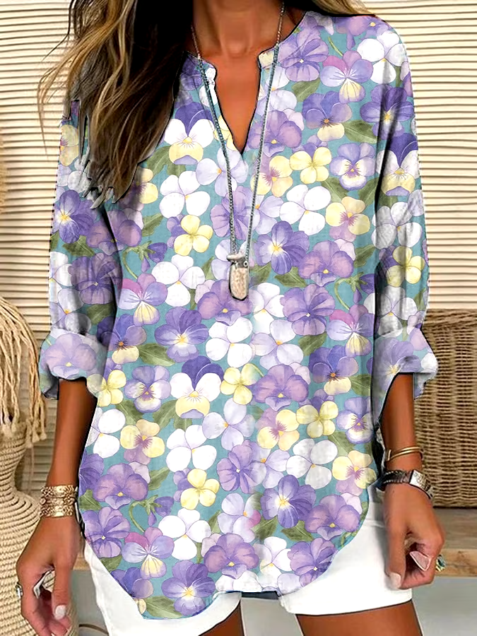 💜Buy 3 get 12% off丨Women's Casual Purple Art Pansy Cotton and Linen Shirt