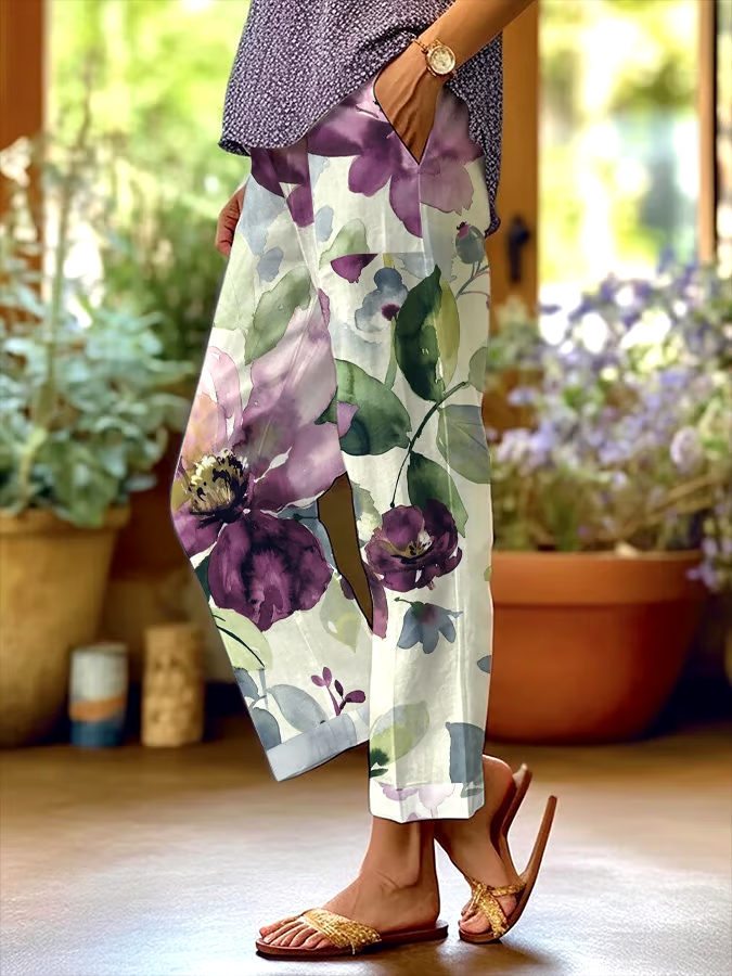 💜Buy 3 get 12% off丨🌸Buy 3 get 12% off丨Women's Botanical Floral Design Loose Pocket Patchwork Casual Pants