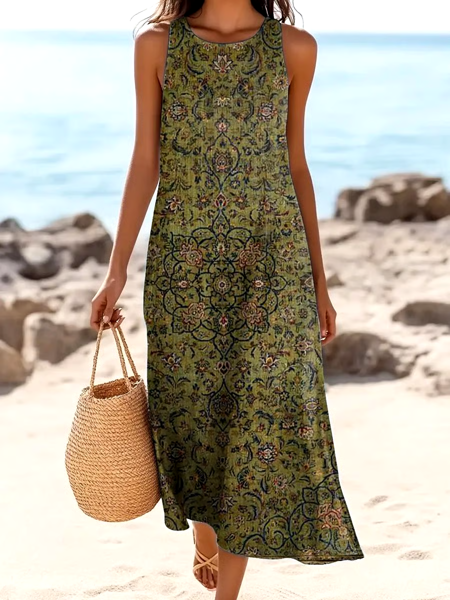 🌸Buy 3 get 12% off丨Women's Casual Retro Pattern Printed Cotton And Linen Vest Dress