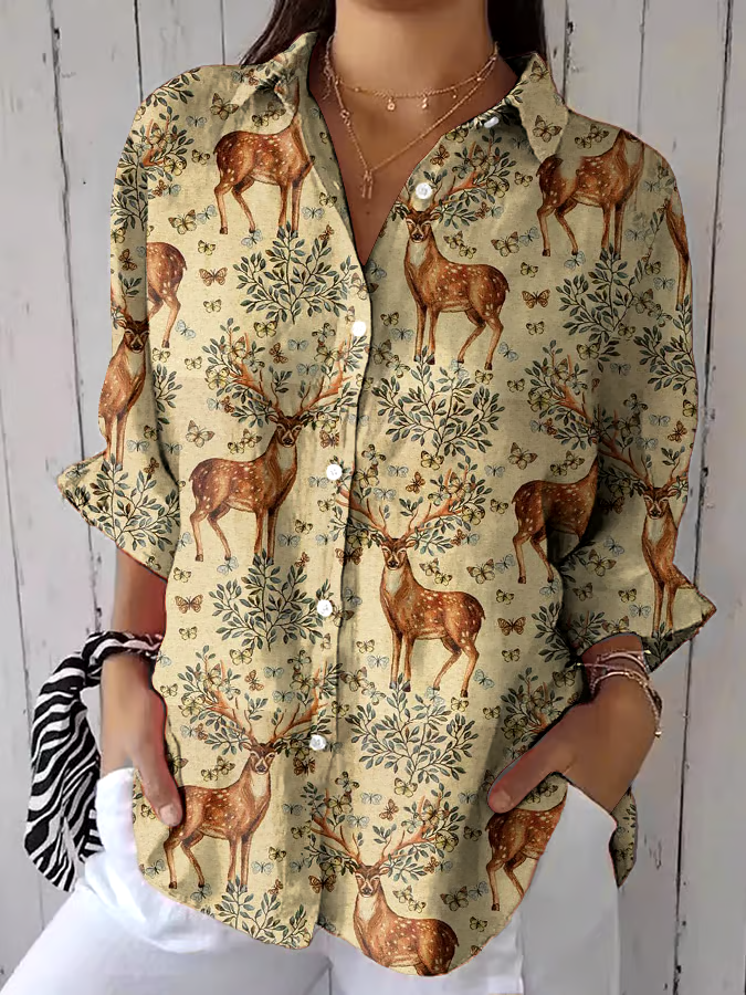 🌳Buy 3 get 12% off丨Women's Casual Retro Forest Animal Print Cotton And Linen Shirt丨🌿100% natural cotton