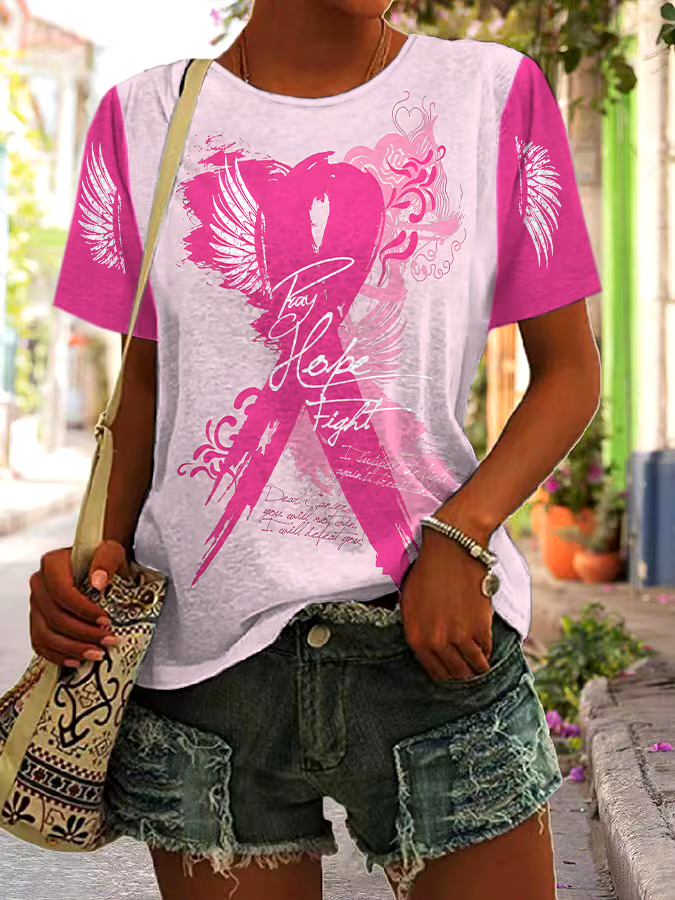 🎀Buy 3 get 12% off丨Women's Casual Breast Cancer Healing Ribbon Printed Round Neck Short Sleeve T-Shirt