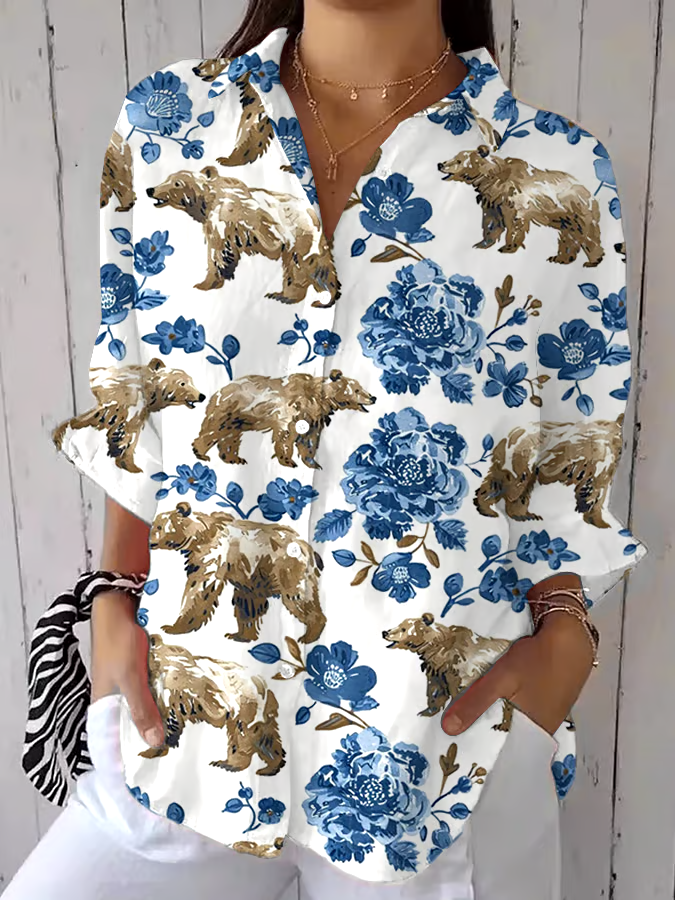 🌳Buy 3 get 12% off丨Women's Forest Flowers and Bear Print Casual Lapel Shirt丨🌿100% natural cotton