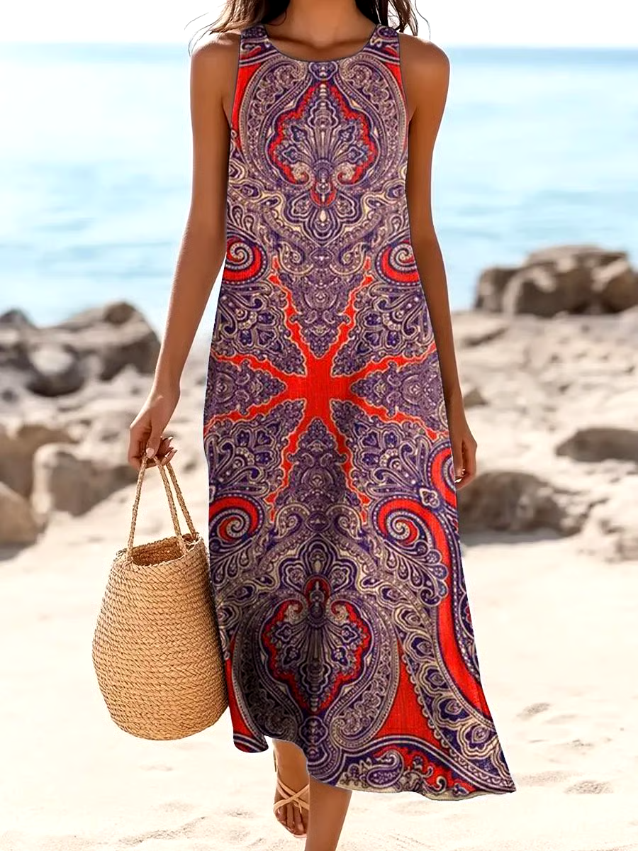 🌸Buy 3 get 12% off丨Women's Casual Retro Pattern Printed Cotton And Linen Vest Dress
