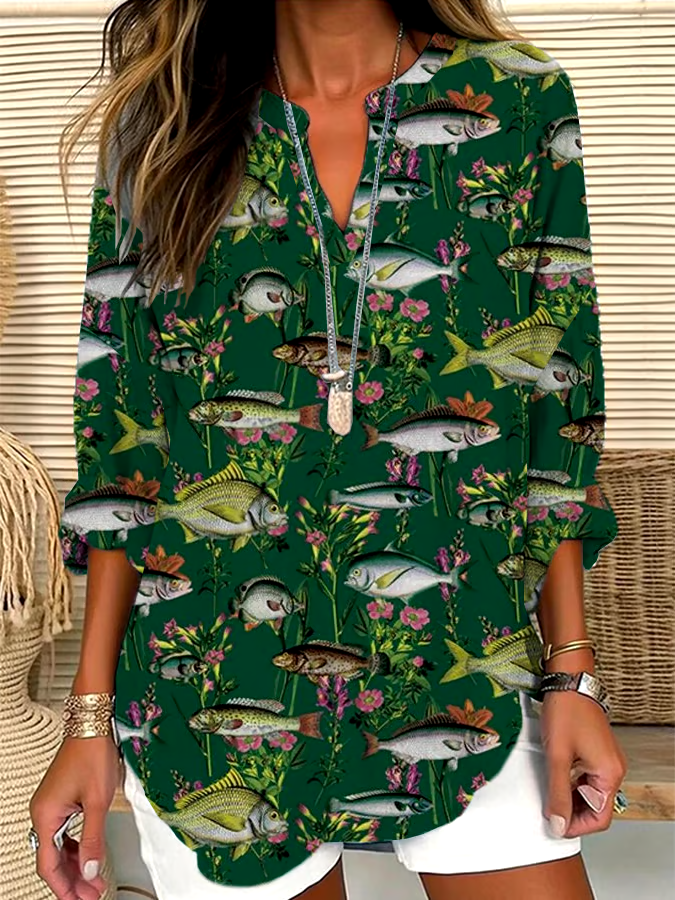 🌳Buy 3 get 12% off丨Women's Retro Forest Print Casual Long Sleeve V-Neck Shirt丨🌿100% natural cotton