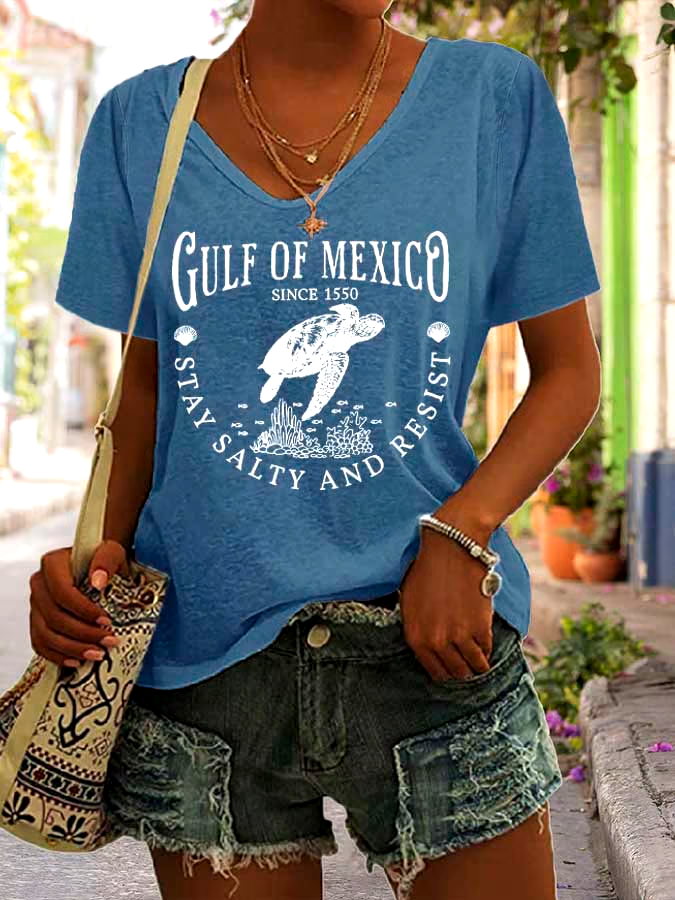 🌊Buy 3 get 12% off丨Women's Gulf Of Mexico Print V Neck Casual T-Shirt