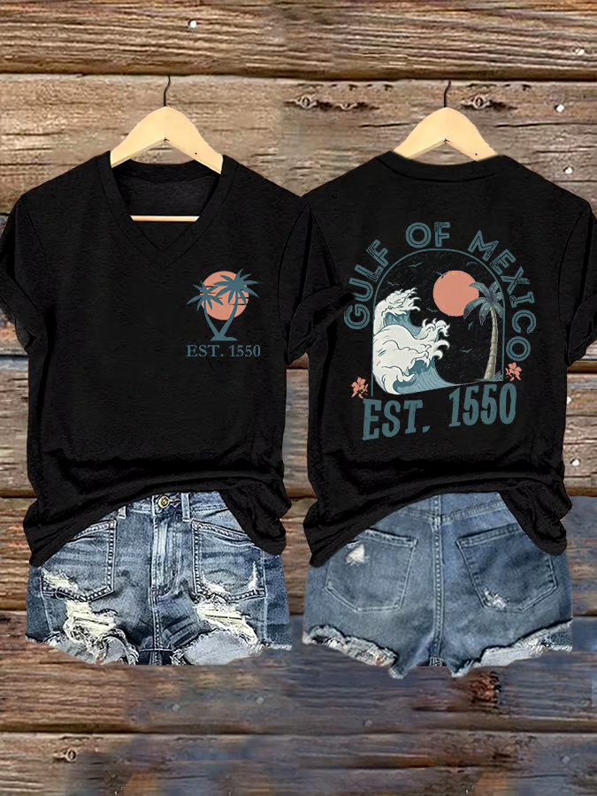 🌊Buy 3 get 12% off丨Women's Gulf Of Mexico Printed V Neck T-shirt 🌊Buy 3 get 12% off丨Women's Gulf Of Mexico Printed V Neck T-shirt