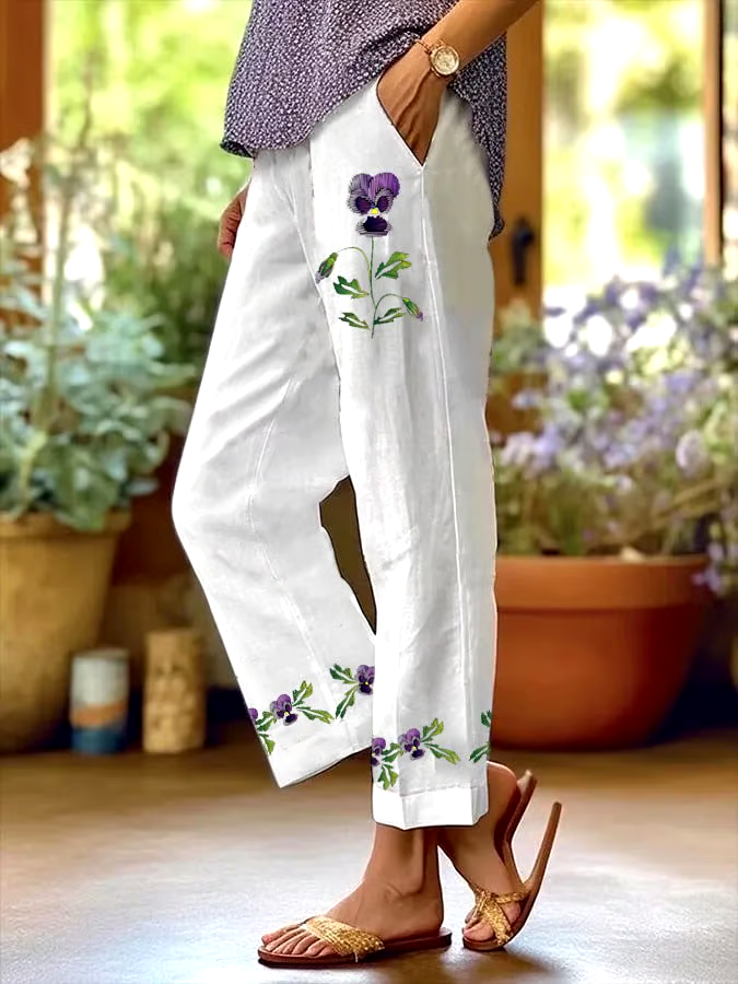 💜Buy 3 get 12% off丨Women's Purple Floral Pansy Dementia Alzheimer's Disease Awareness Printed Cotton and Linen Casual Pants
