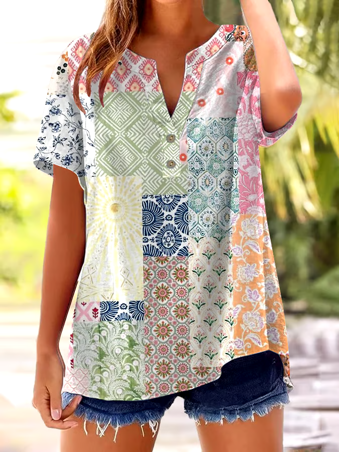 🌸Buy 3 get 12% off丨Women's Vintage Floral Print Button Design V Neck Casual Shirt