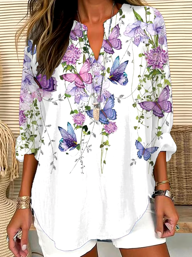 💜Buy 3 get 12% off丨Women's Purple Floral Print Casual Long Sleeve V-Neck Shirt