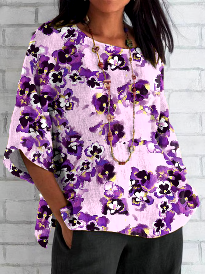 💜Buy 3 get 12% off丨Women's Cotton and Linen Purple Floral Print Shirt Top