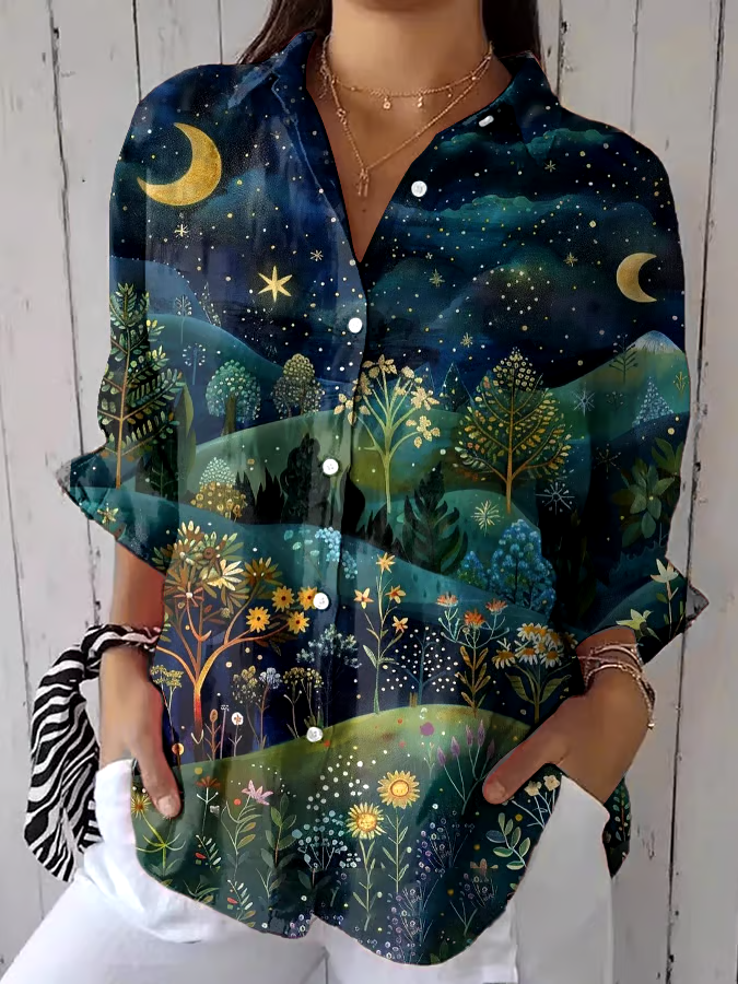 🌳Buy 3 get 12% off丨Women's Retro Moonlight Forest Plant Animal Print Shirt丨🌿100% natural cotton