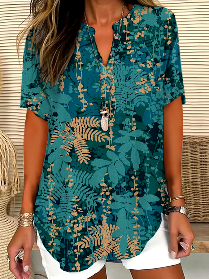🌳Buy 3 get 12% off丨Women's Forest Floral Print V-Neck Casual Short Sleeve Shirt丨🌿100% natural cotton