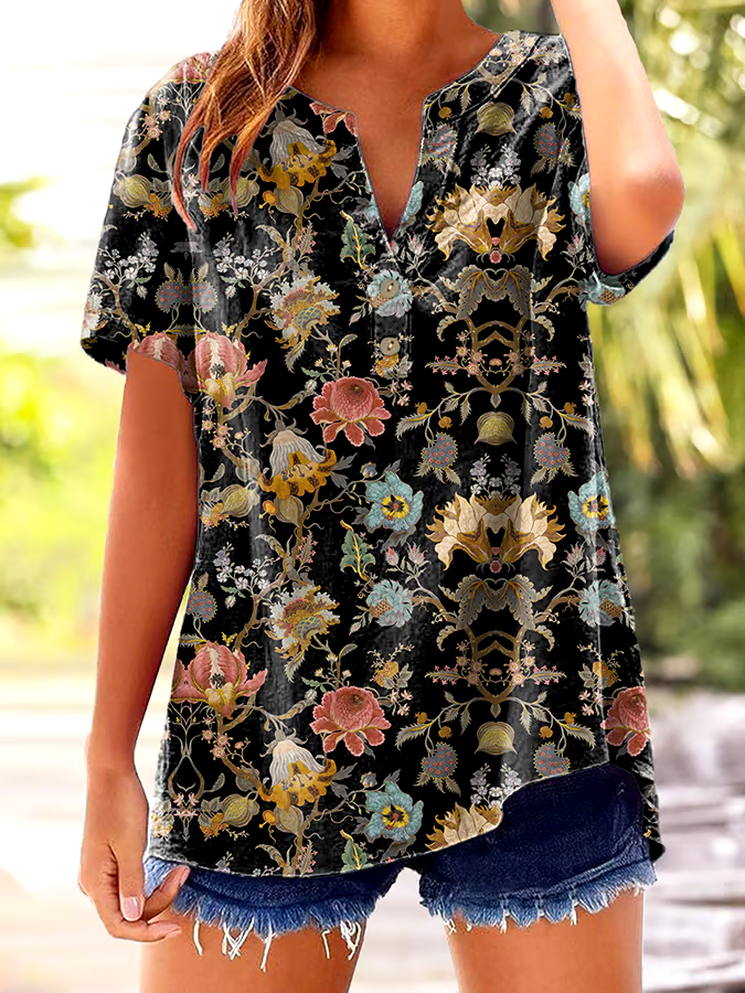 🌸Buy 3 get 12% off丨Women's Vintage Botanical Floral Button Design V-Neck Short Sleeve Shirt